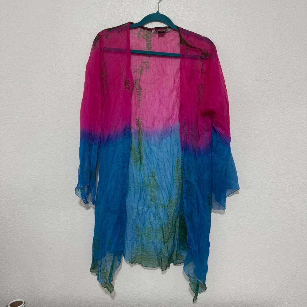 Zury Kimono Women Free Size Pink Blue Ombre Tie Dye Open Front Crinkle Rayon